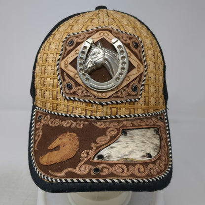 Trucker Hat Brown One Size Straw Mesh Silver Horse Horseshoe Metal Medallion