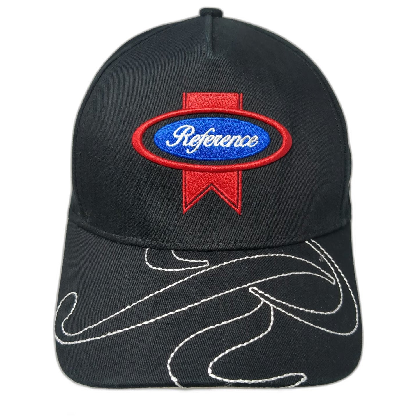 Reference 5 Panel Black Hat One Size Graphic Brim Snapback Script Embroidery