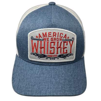 Rural Cloth Trucker Hat Blue One Size America We Grow Whiskey Mesh Back Snapback