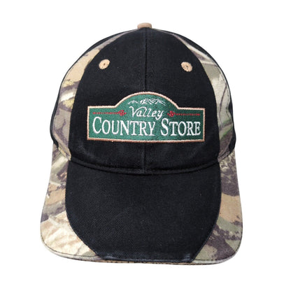Valley Country Store Strapback Hat Black OSFA Adjustable Camo Trim
