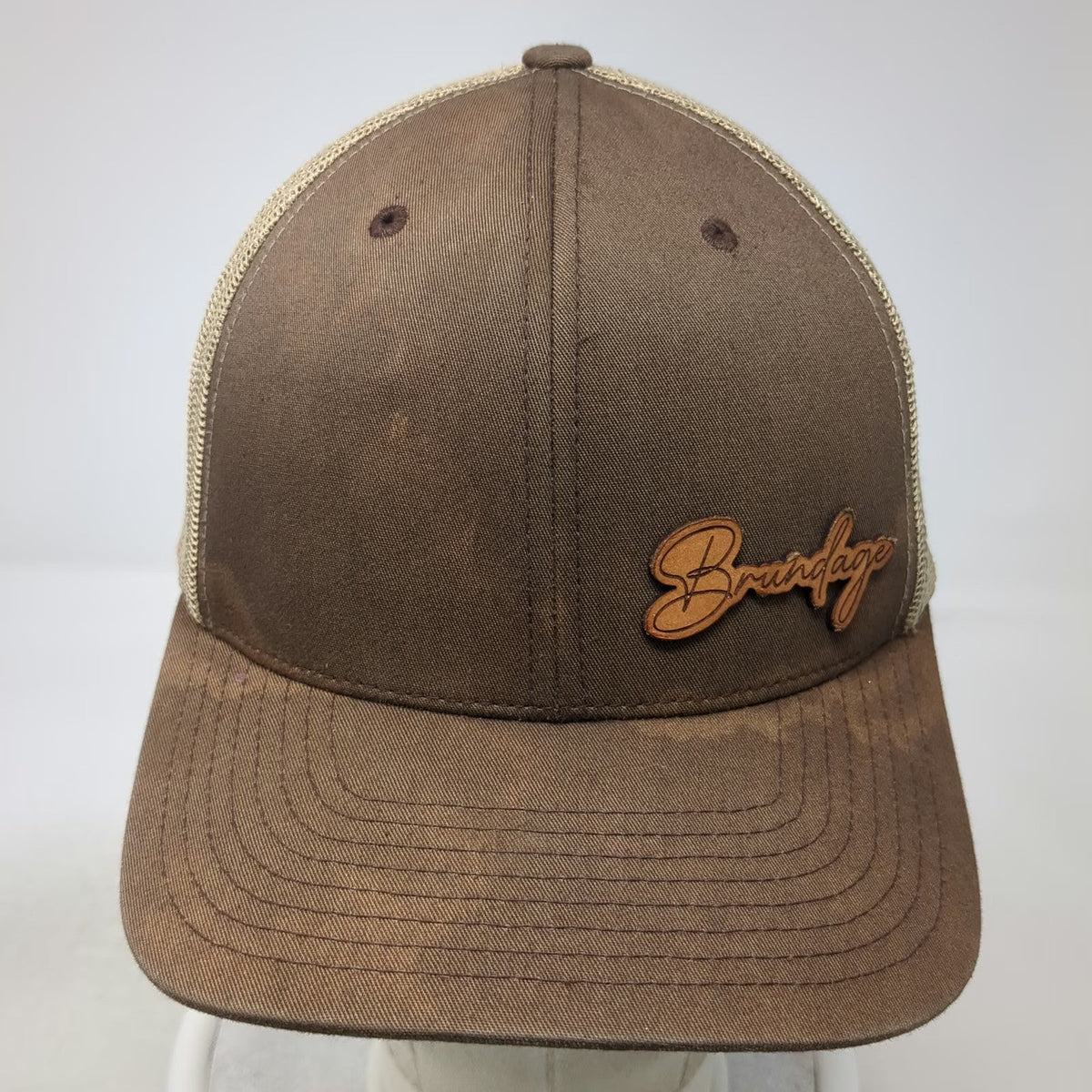 Yupoong Trucker Hat Brown One Size Brundage Leather Patch Mesh Back Snapback