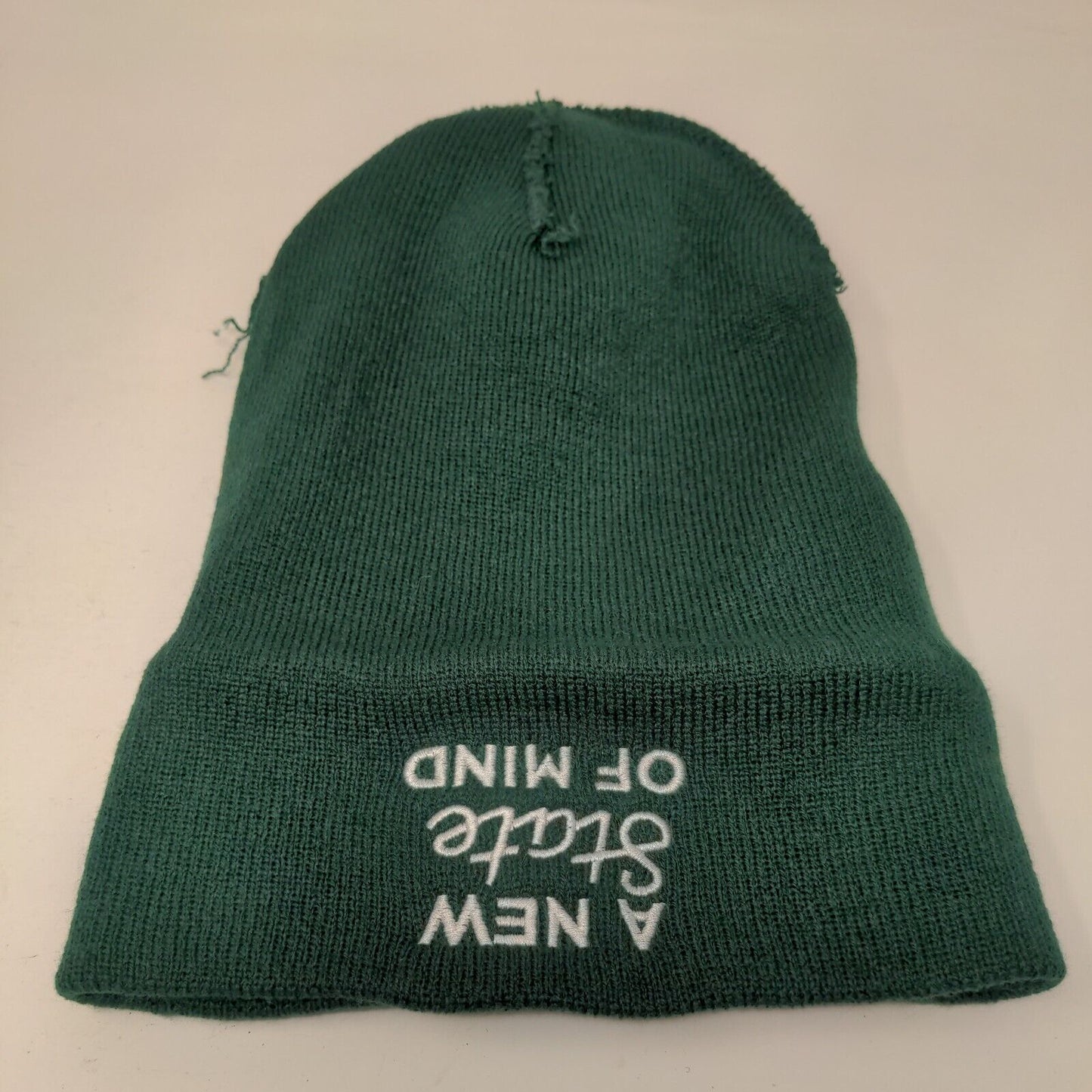 A New State of Mind Beanie Hat Green One Size Knitted Stretch Embroidered