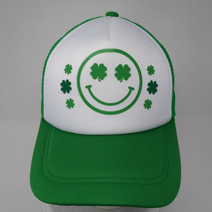 Shamrock Smiley Face Snapback Trucker Hat Green One Size Mesh Back