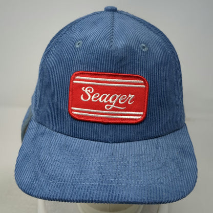 Seager 5 Panel Blue Hat One Size Corduroy Ear Flaps Sherpa Lined Script Patch