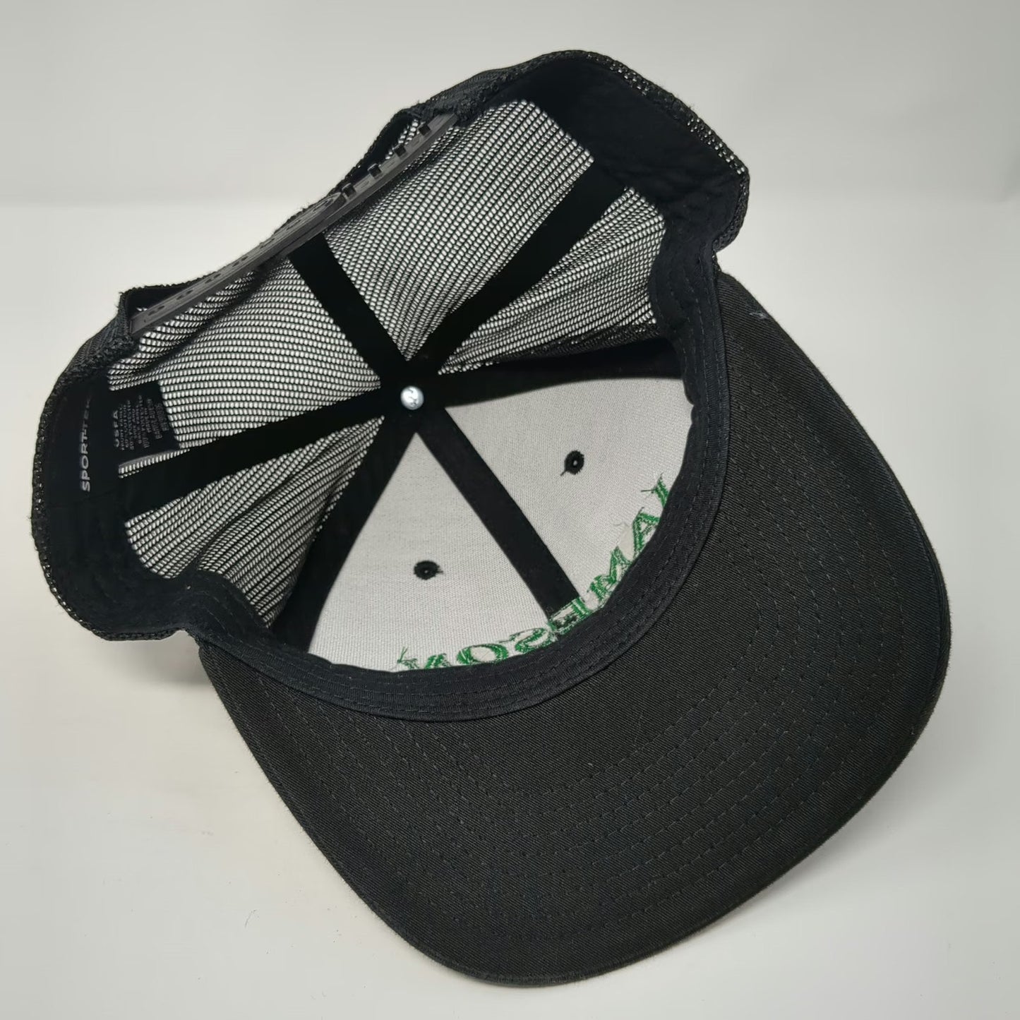 Sport-Tek Jameson Hat Black One Size Trucker Snapback Mesh Green Logo Whiskey