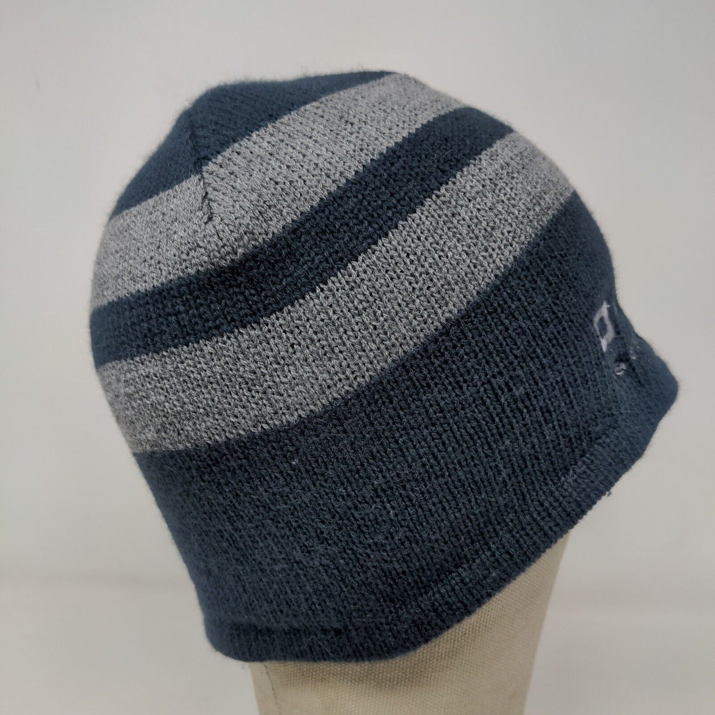 Port Authority Men's Knit Beanie Hat Cap Blue Gray Striped Acrylic Embroidered