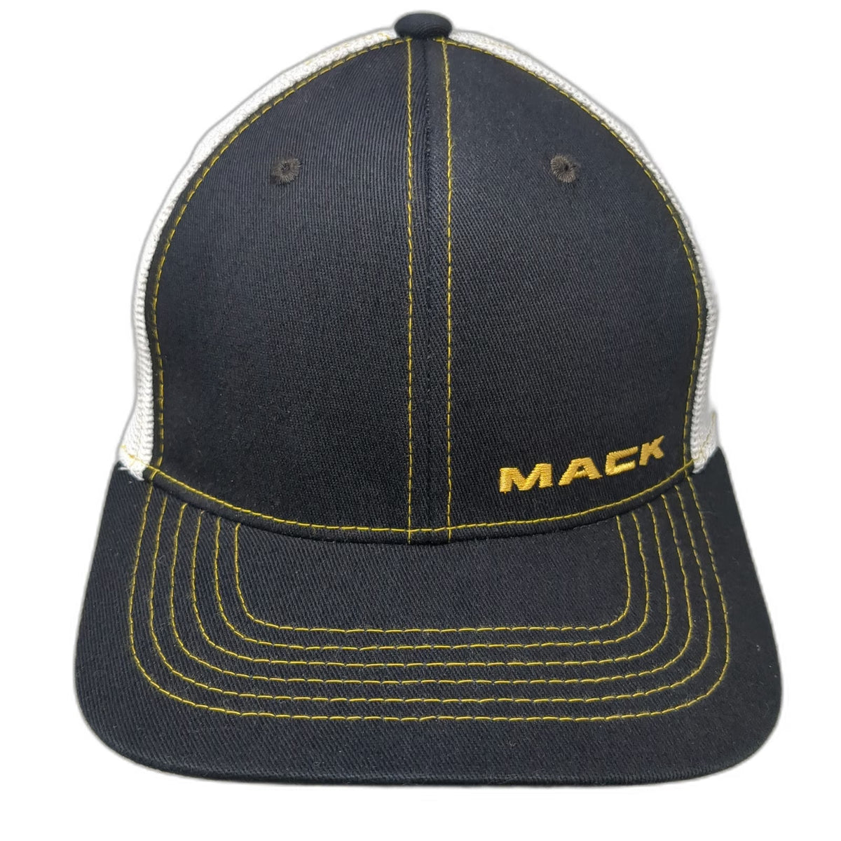 Mack Baseball Cap Black One Size Gold White Trucks Bulldog Mesh Yellow Print Hat