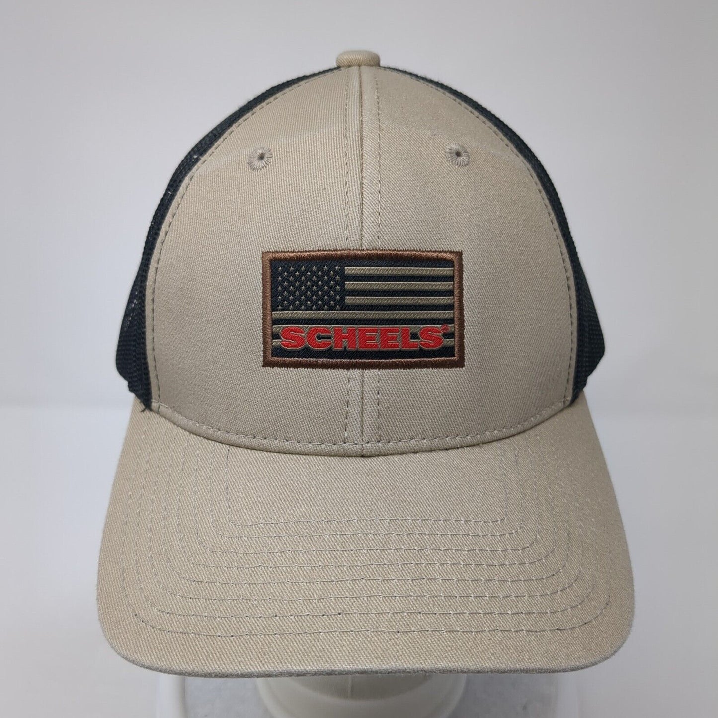 Scheels USA Flag Snapback Trucker Hat Tan One Size Mesh Back 6 Panel