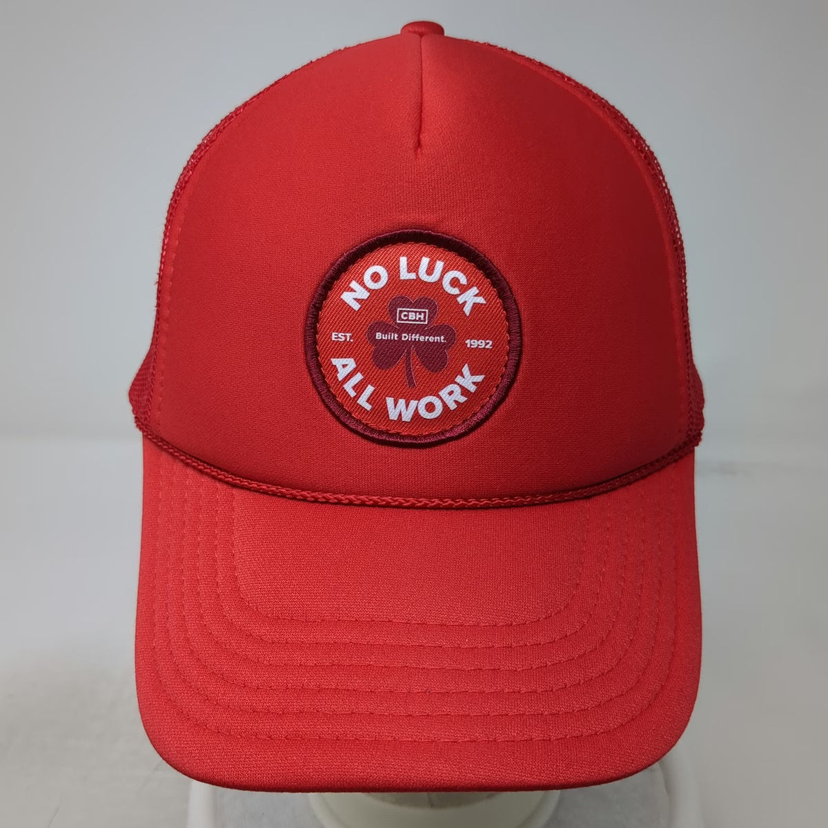 OTTO Trucker Hat Red White OSFM CBH No Luck All Work Patch Mesh Snapback Rope