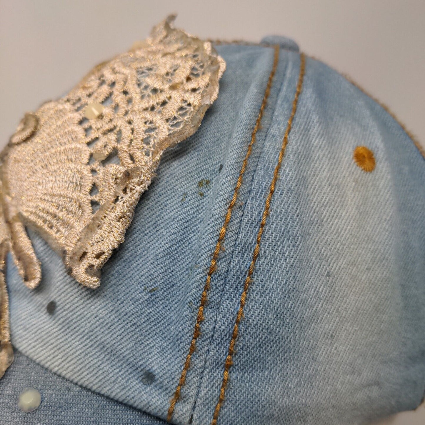 Butterfly Slideback Hat Blue One Size Lace Trim Beaded 6 Panel Distressed