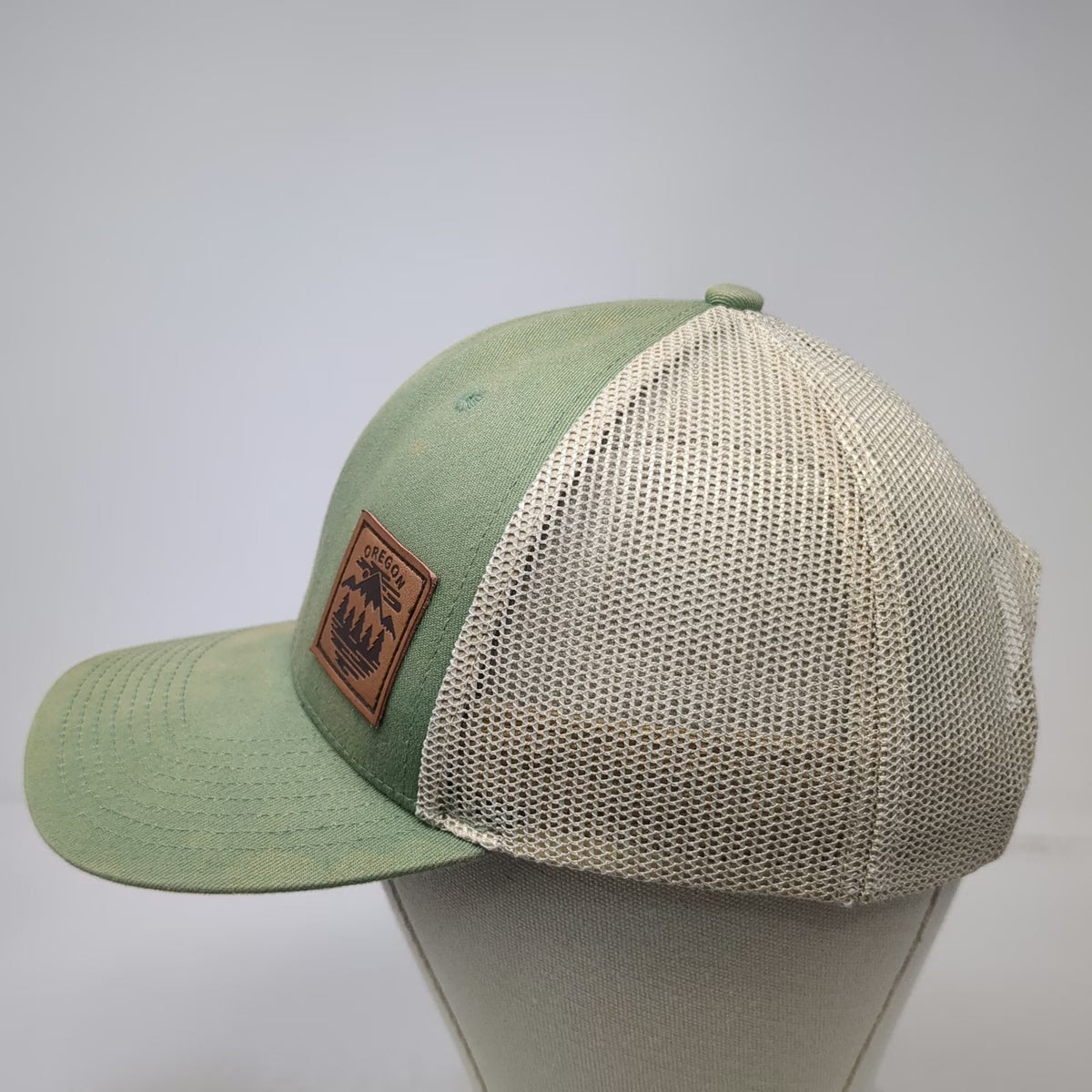 Little Bay Root Trucker Hat Green One Size Oregon Mountain Leather Patch Mesh