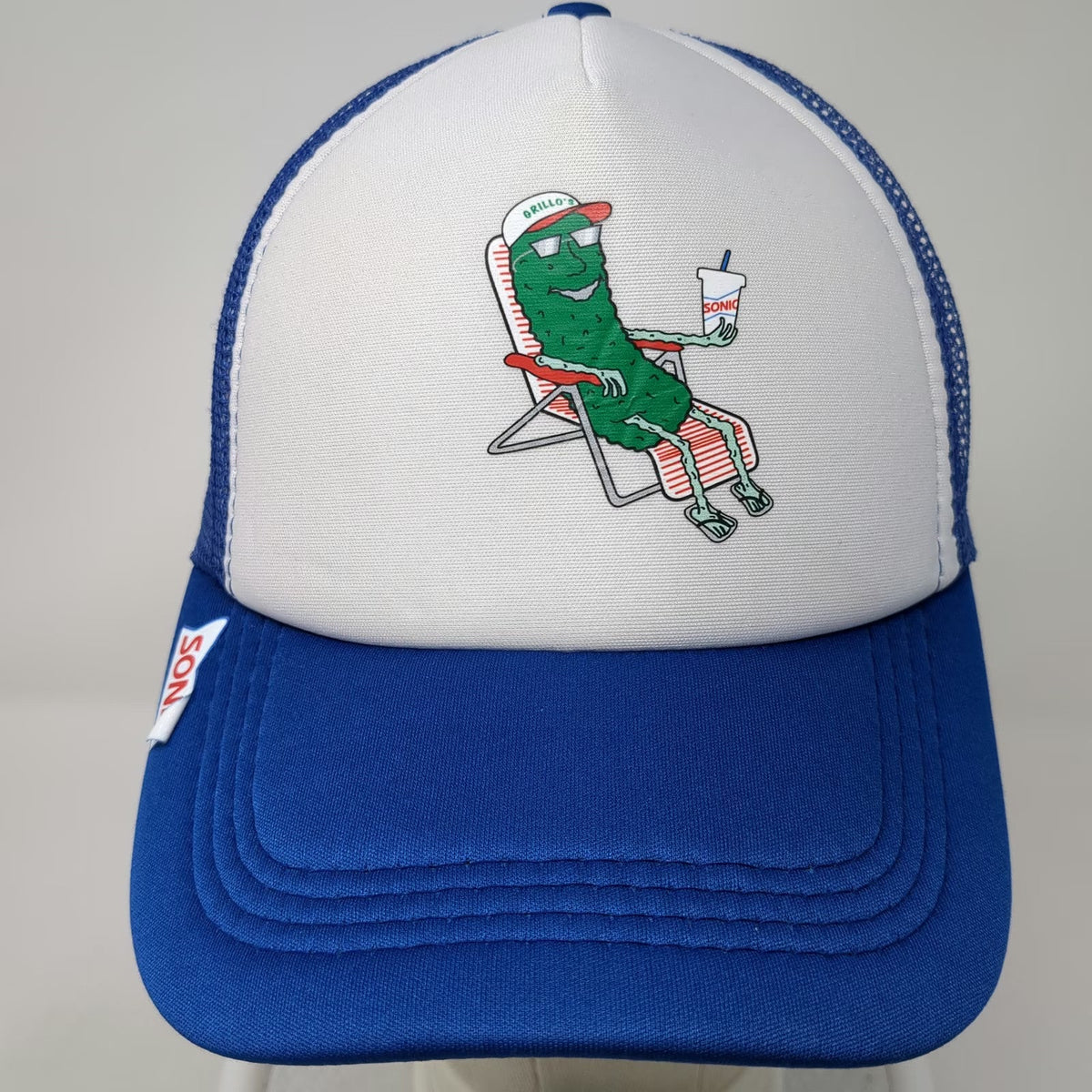 Sonic Grillo's Pickles Trucker Hat Blue One Size Snapback Mesh Foam Graphic