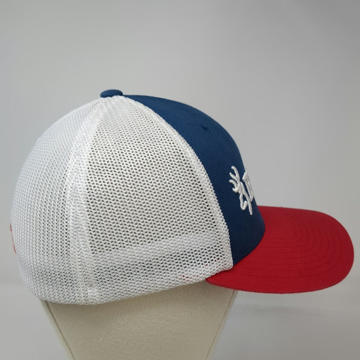 Browning Baseball Cap Blue Red White M Mesh Buckmark Flexfit 3D Embroidery Hat