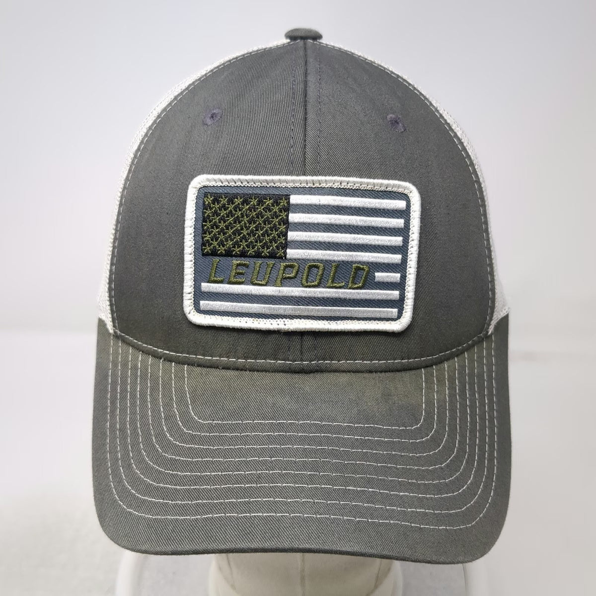 Richardson Trucker Hat Gray One Size Leupold American Flag Patch Mesh Snapback