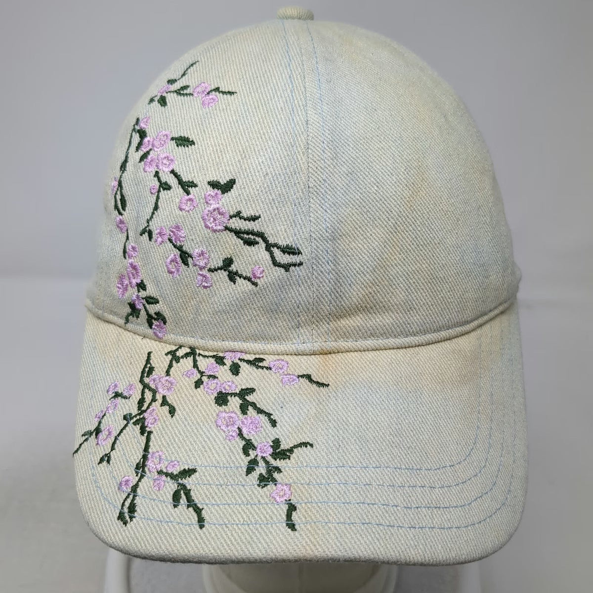 Baseball Cap Blue One Size Floral Cherry Blossom Embroidery Strapback Denim Hat