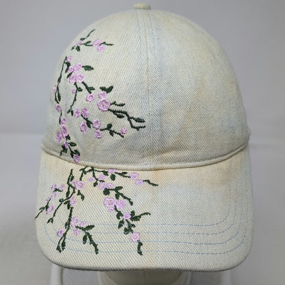 Baseball Cap Blue One Size Floral Cherry Blossom Embroidery Strapback Denim Hat