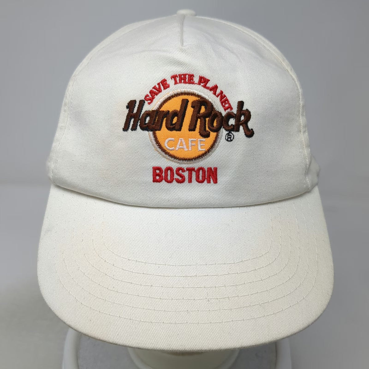 Hard Rock Cafe 5 Panel White OSFM Hat Boston Save the Planet Slideback Cotton