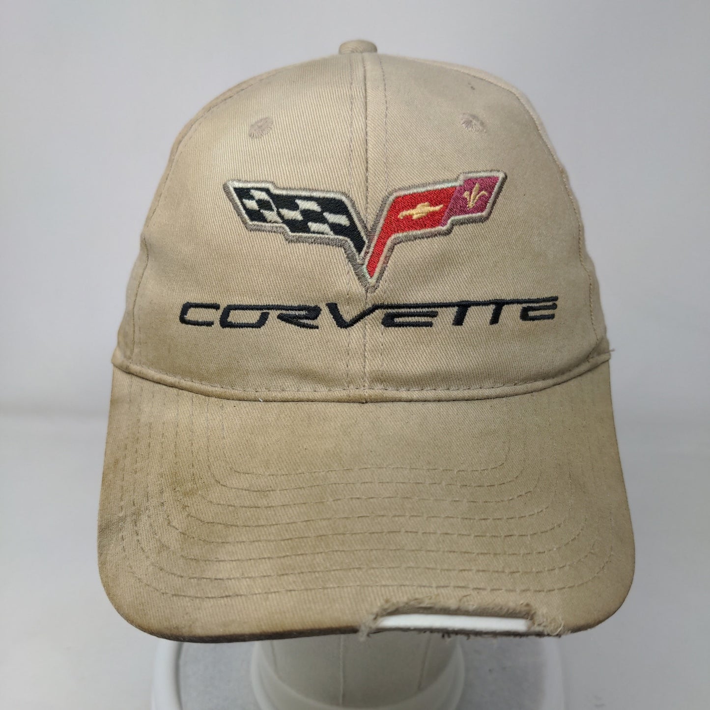 Corvette Strapback Hat Tan OSFM Embroidered Adjustable Vent Holes Distressed