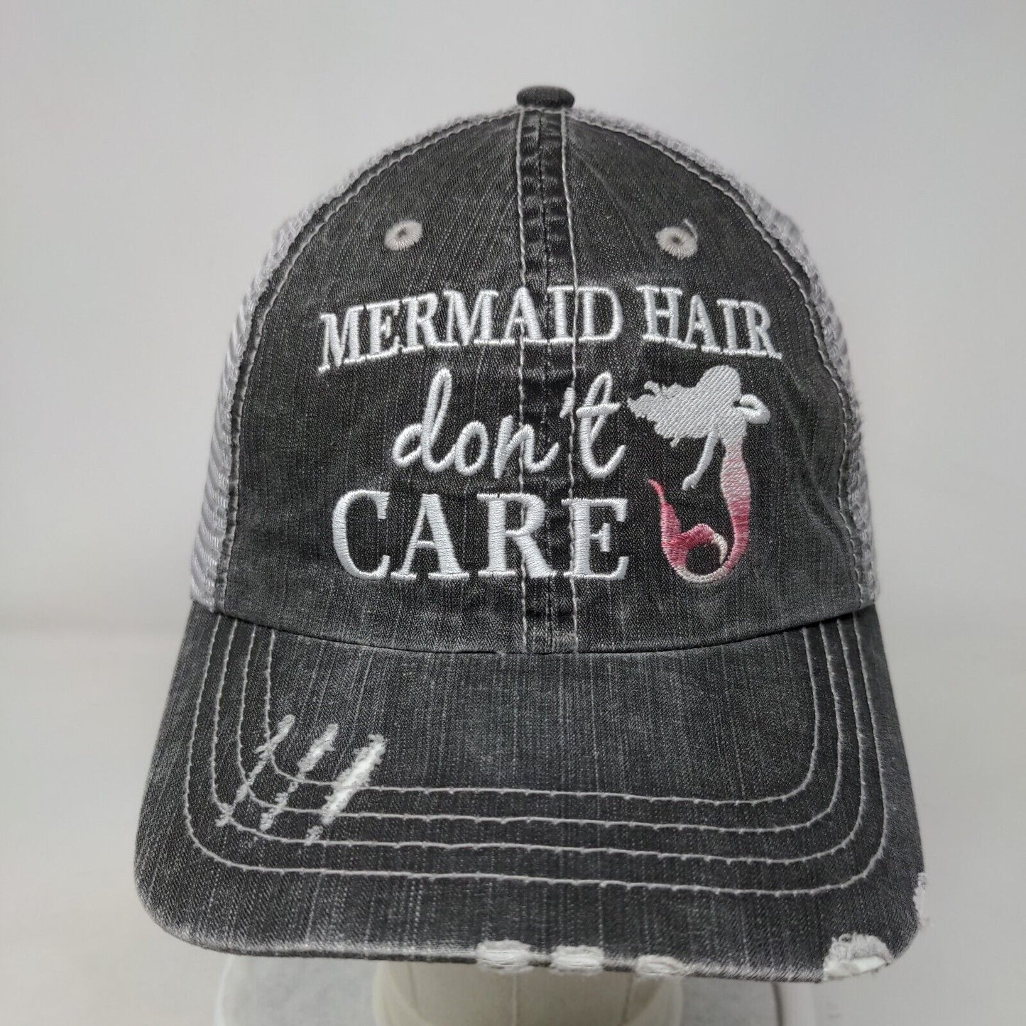 Mermaid Hair Don't Care Strapback Mesh Back Trucker Hat Gray OSFA