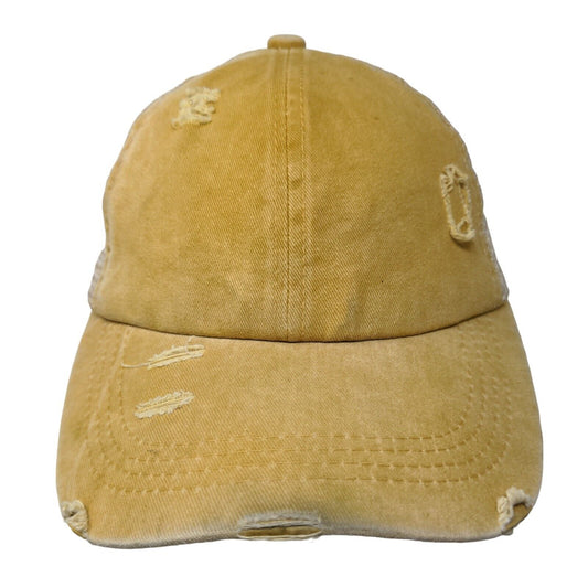 Women's Pontail Hole Strapback Mesh Back Hat Cap Tan Distressed Adjustable