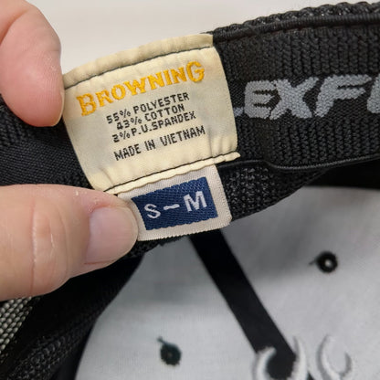 Browning Baseball Cap Gray Black White M Mesh Back Flexfit Buckmark Logo Hat