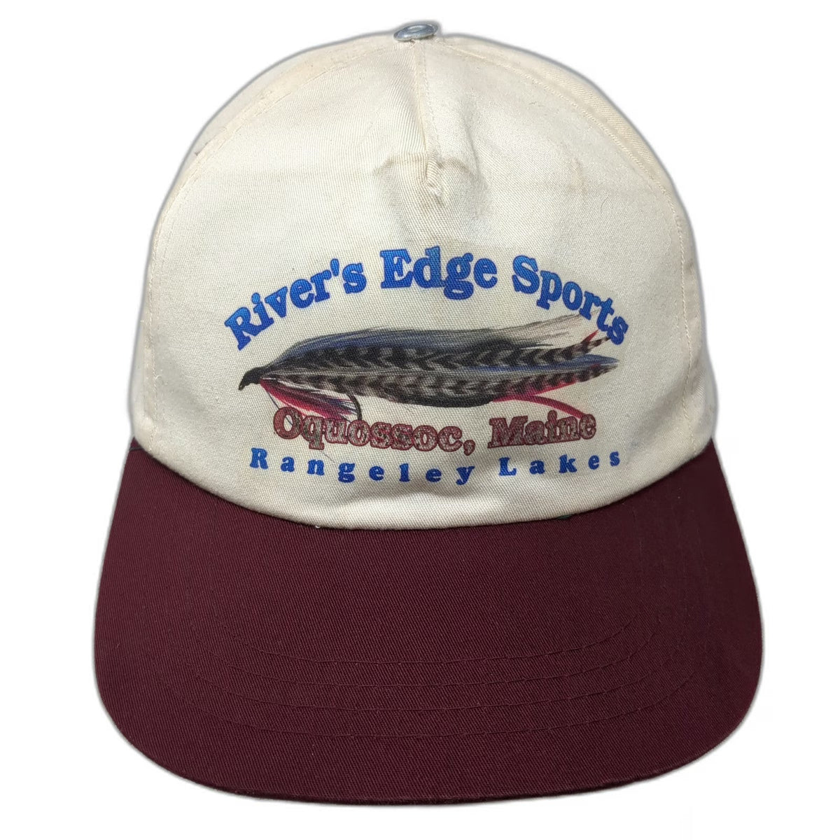 Yupoong 5 Panel Hat Beige Red One Size Fishing Fly Oquossoc Maine Snapback