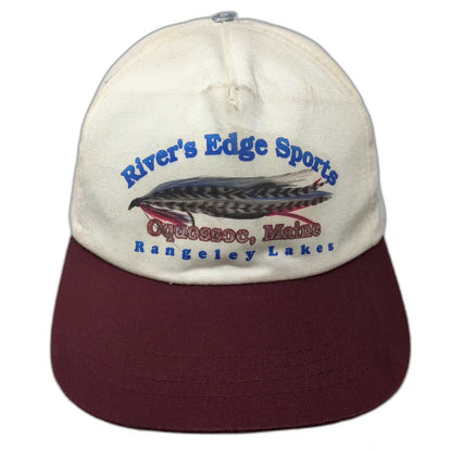 Yupoong 5 Panel Hat Beige Red One Size Fishing Fly Oquossoc Maine Snapback