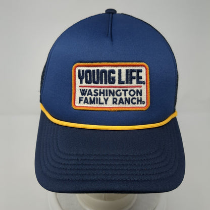 Young Life Washington Family Ranch Snapback Trucker Hat Blue OS Mesh Rope Legacy