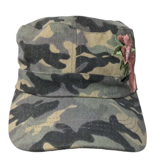 Quagga Women's Military Cadet Cap Green Camo Embroidered Flower Logo