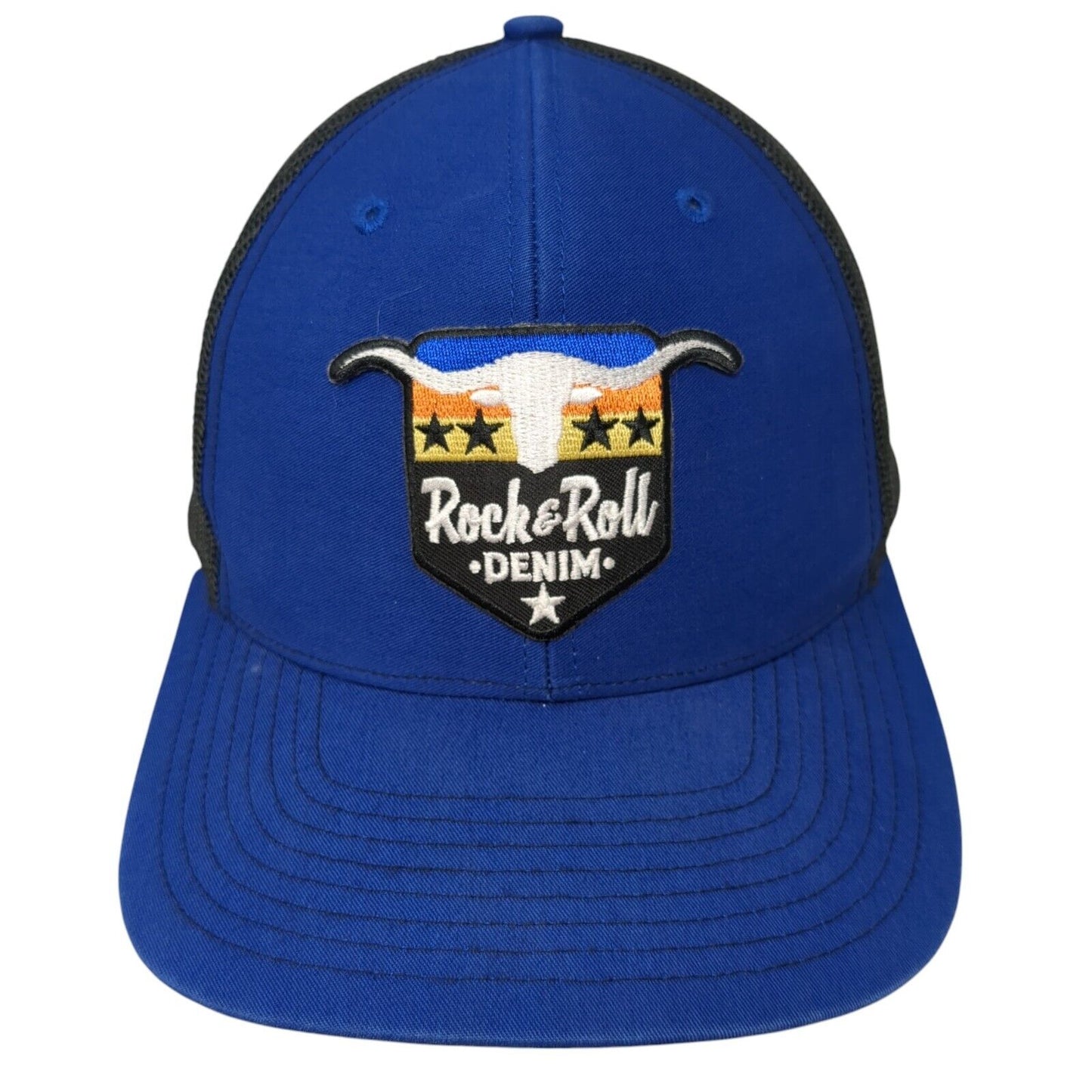 Rock & Roll Denim Patch Snapback Trucker Hat Blue One Size Mesh Back