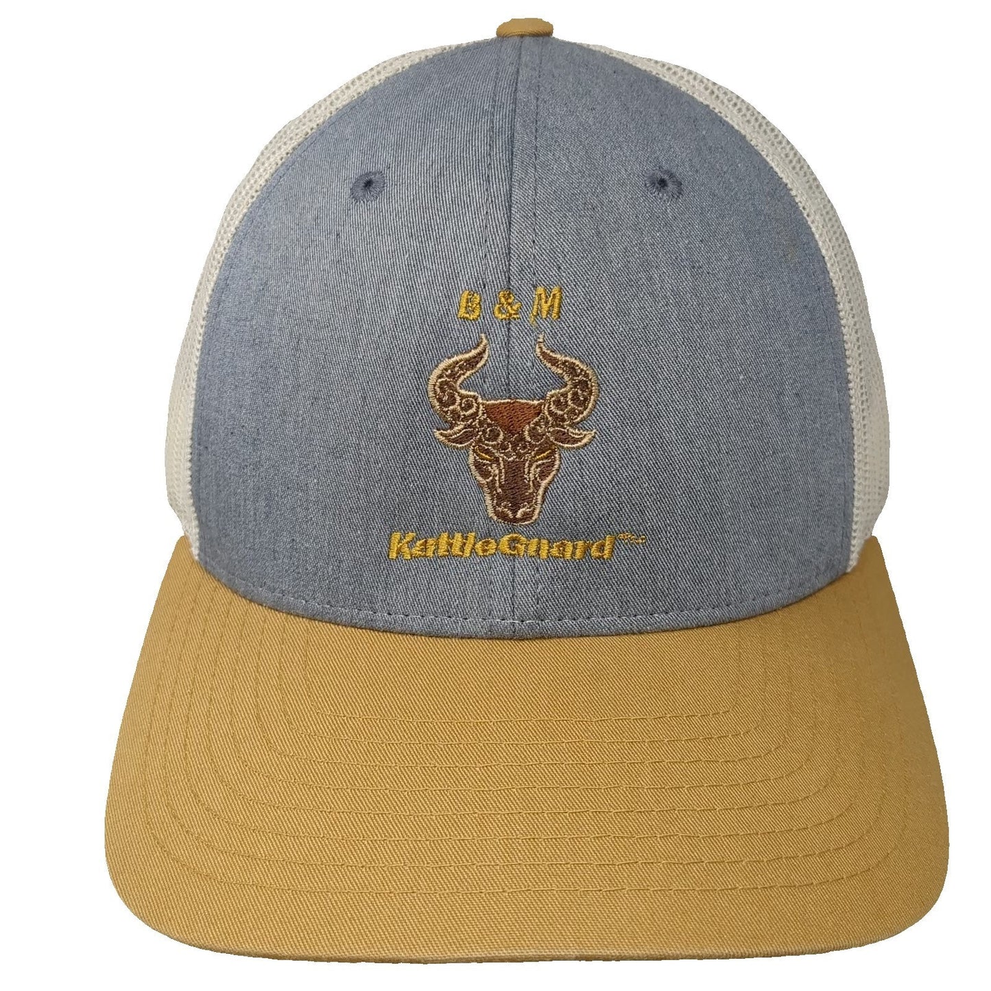 Richardson Trucker Hat Blue Beige L Mesh Snapback KattleGuard B & M Bull Logo