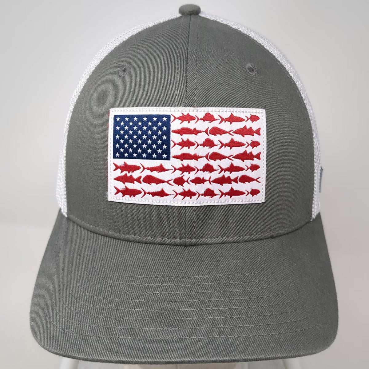 Columbia Baseball Cap Gray XL Mesh Back Fish Flag PFG Performance Fishing Hat