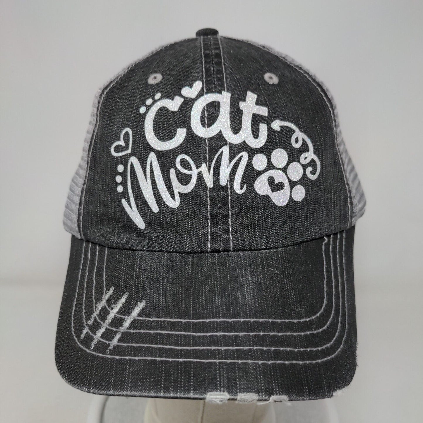 Cat Mom Paw Strapback Mesh Back Trucker Hat Gray OSFA 6 Panel HG