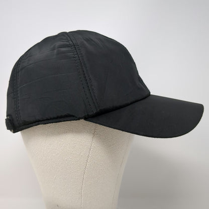 Black One Size Baseball Cap Ear Flaps Fleece Lined Quilted Nylon Slideback Hat