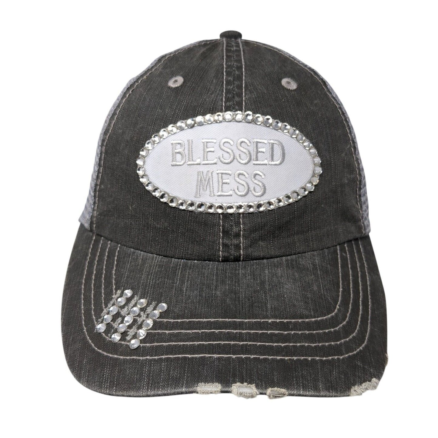 Blessed Mess Strapback Trucker Hat Gray One Size Mesh Back Rhinestone