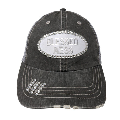 Blessed Mess Strapback Trucker Hat Gray One Size Mesh Back Rhinestone