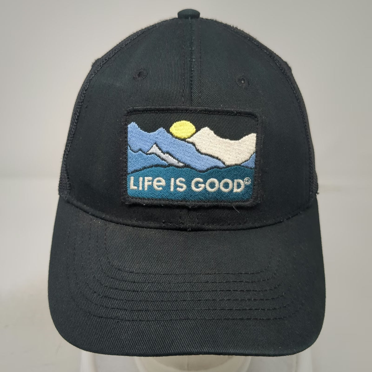 Life is Good Trucker Hat Black One Size Mesh Back Snapback Mountain Landscape