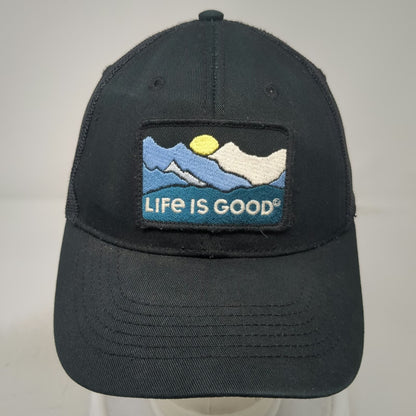 Life is Good Trucker Hat Black One Size Mesh Back Snapback Mountain Landscape