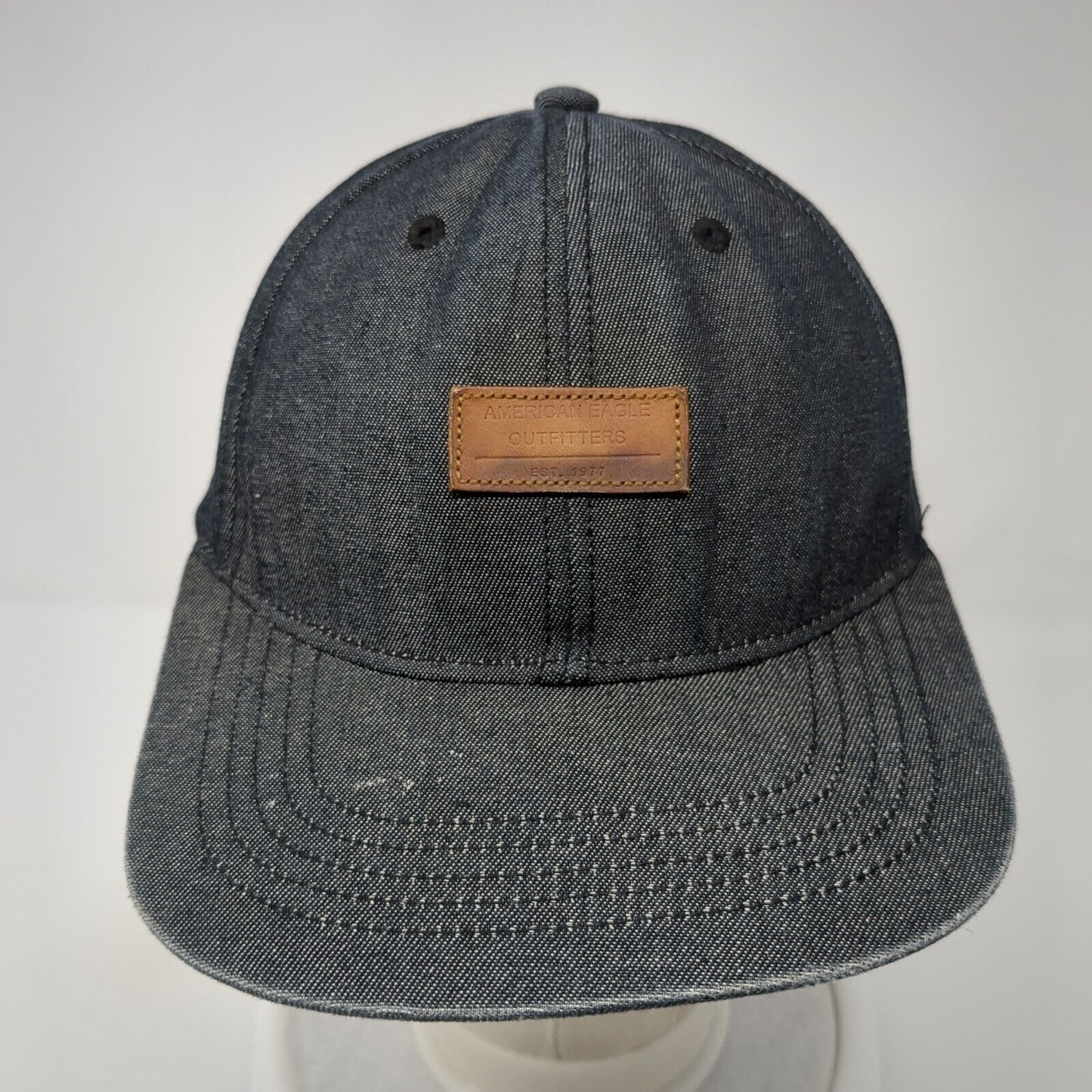American Eagle Outfitters Snapback Hat Black OS Adjustable Leather Patch 6 Panel