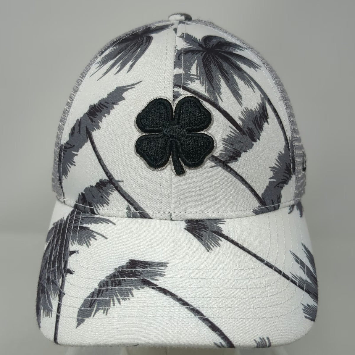 Black Clover Trucker Hat White Gray Palm Tree OSFM Clover Mesh Back Live Lucky