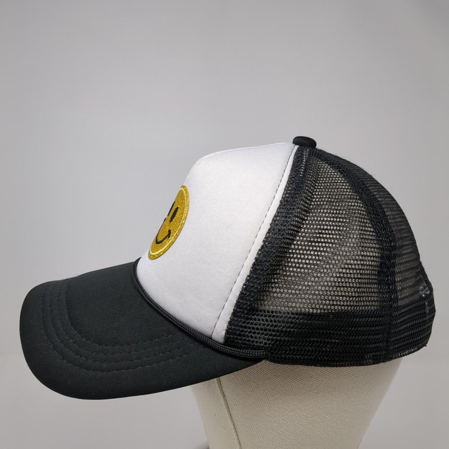 Glitter Smiley Face Snapback Trucker Hat Black OS Adjustable Mesh Back Rope