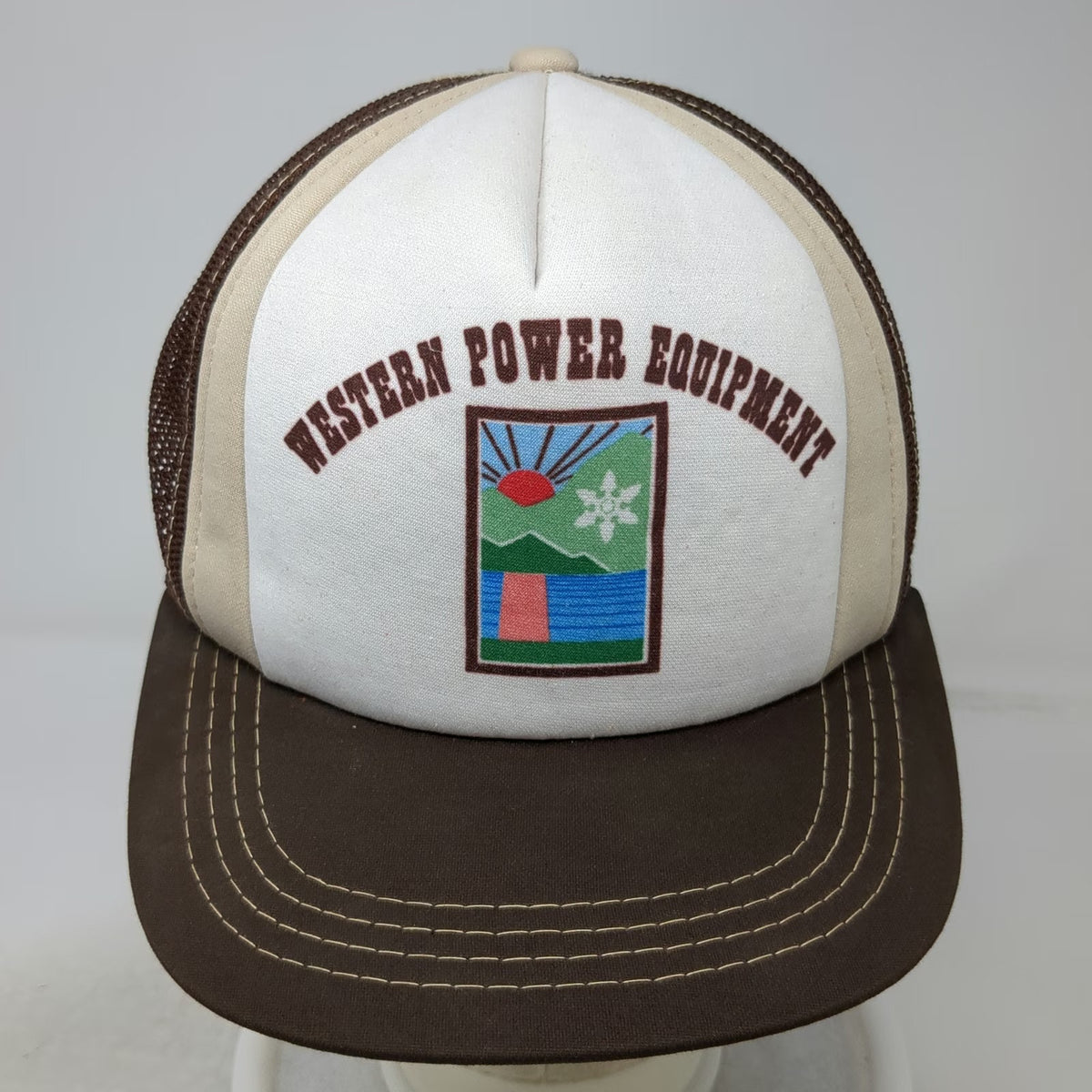 Young An Trucker Hat Brown White One Size Mesh Back Snapback 5 Panel Landscape