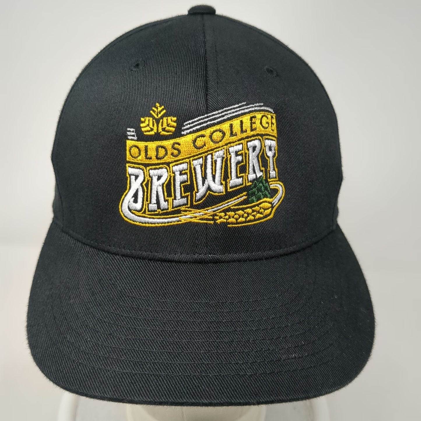 Flexfit Baseball Cap Black Yellow White Green XL Olds College Brewery Logo Hat