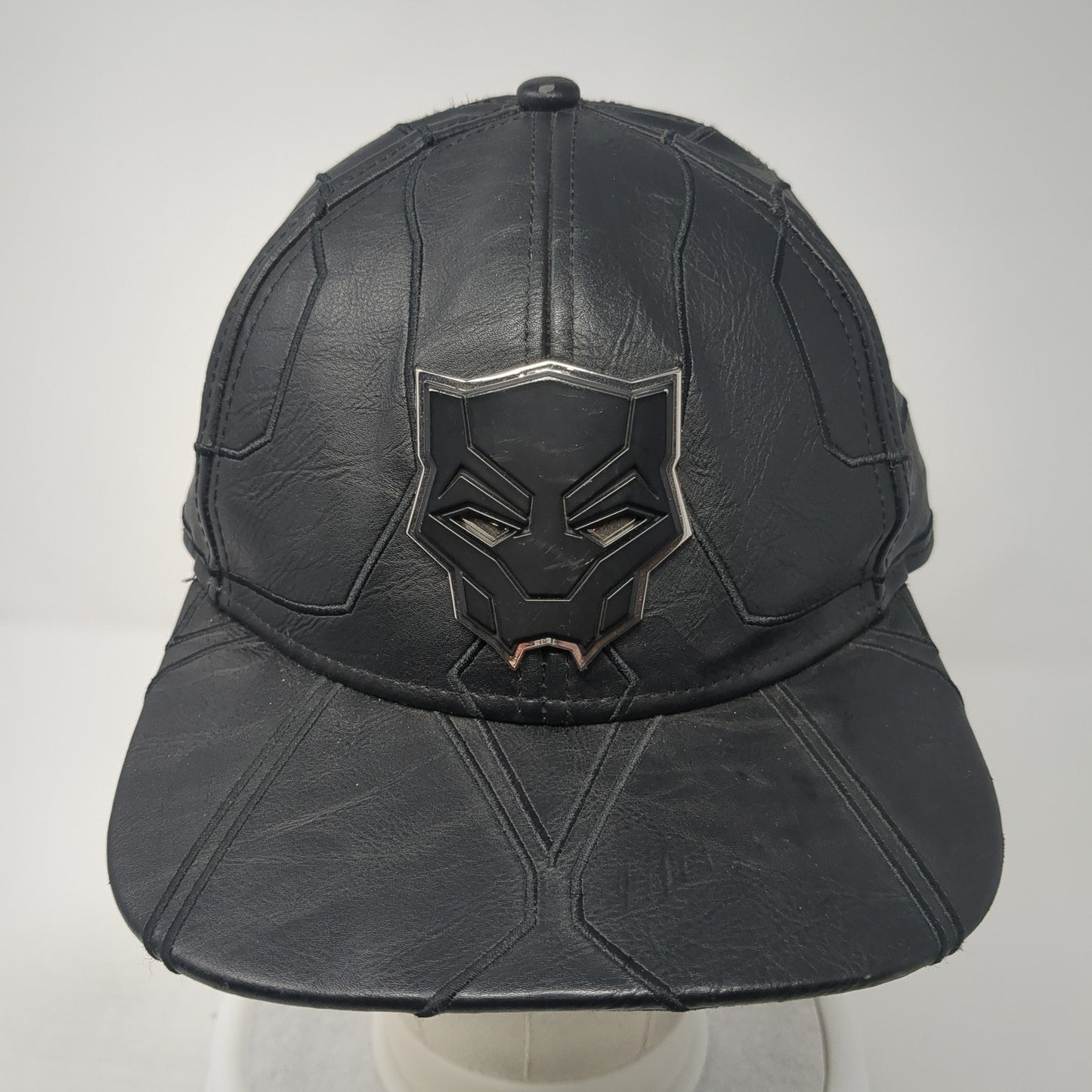 Marvel Black Panther Snapback Hat Black One Size Adjustable Faux Leather 6 Panel