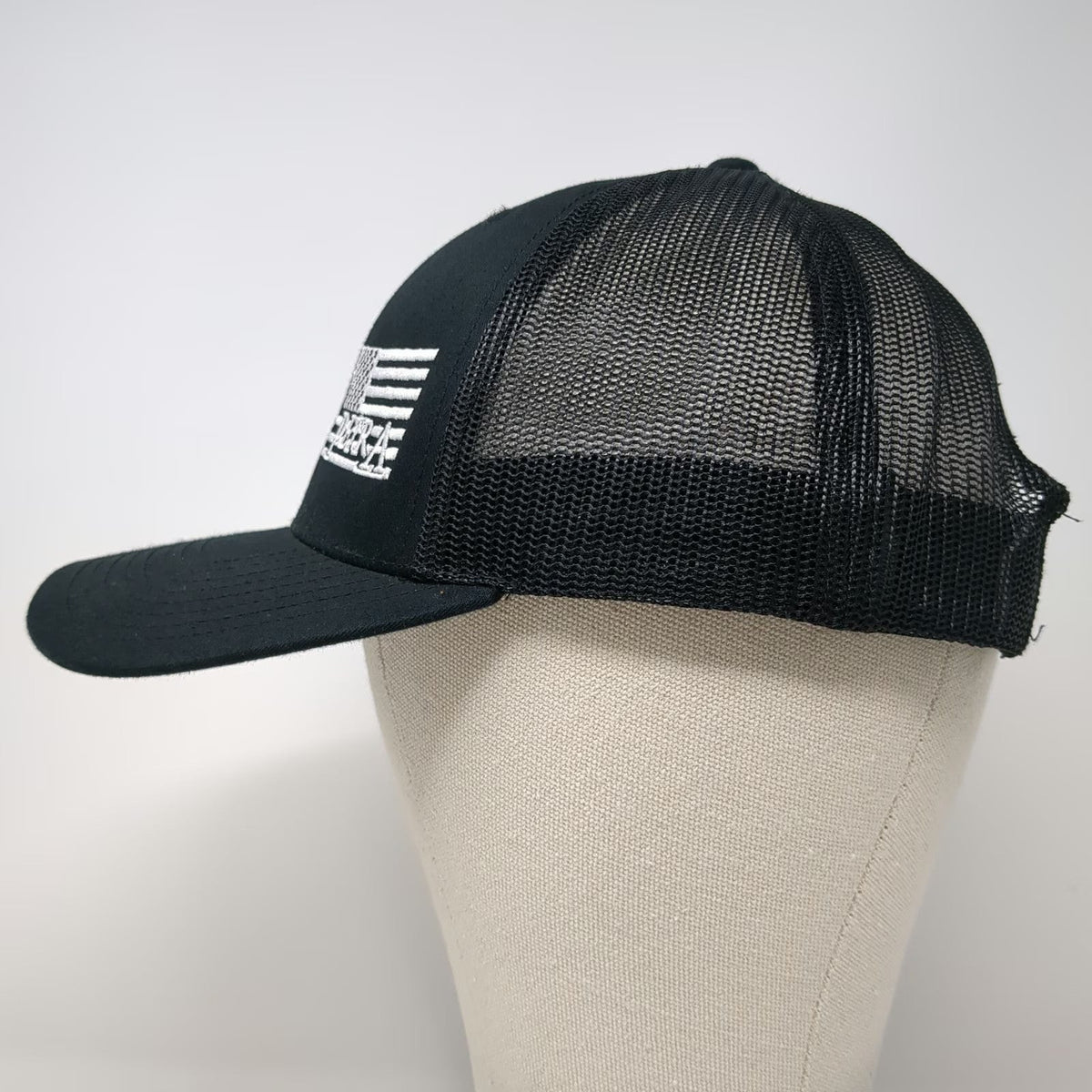 Richardson Trucker Hat Black One Size Petra American Flag Logo Mesh Snapback