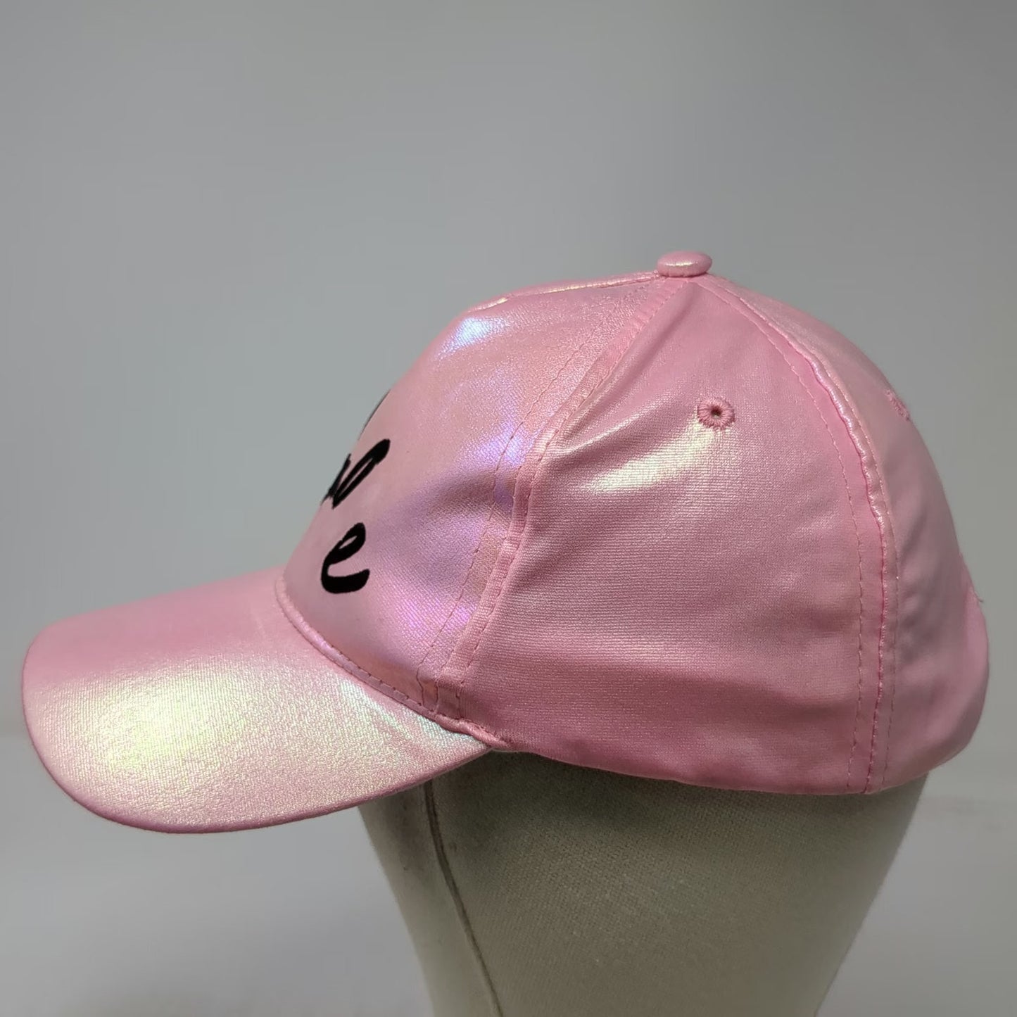 Barbie Girls Pink OS Hat Iridescent Script Logo Mattel Strapback Distressed