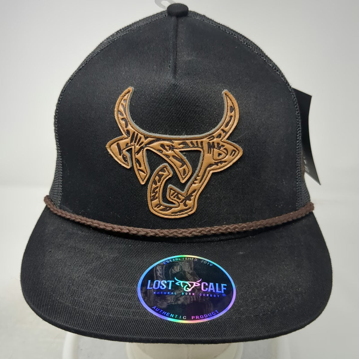 Lost Calf Trucker Hat Black OSFM Bull Patch Mesh Rope Western Buckle W/Tags