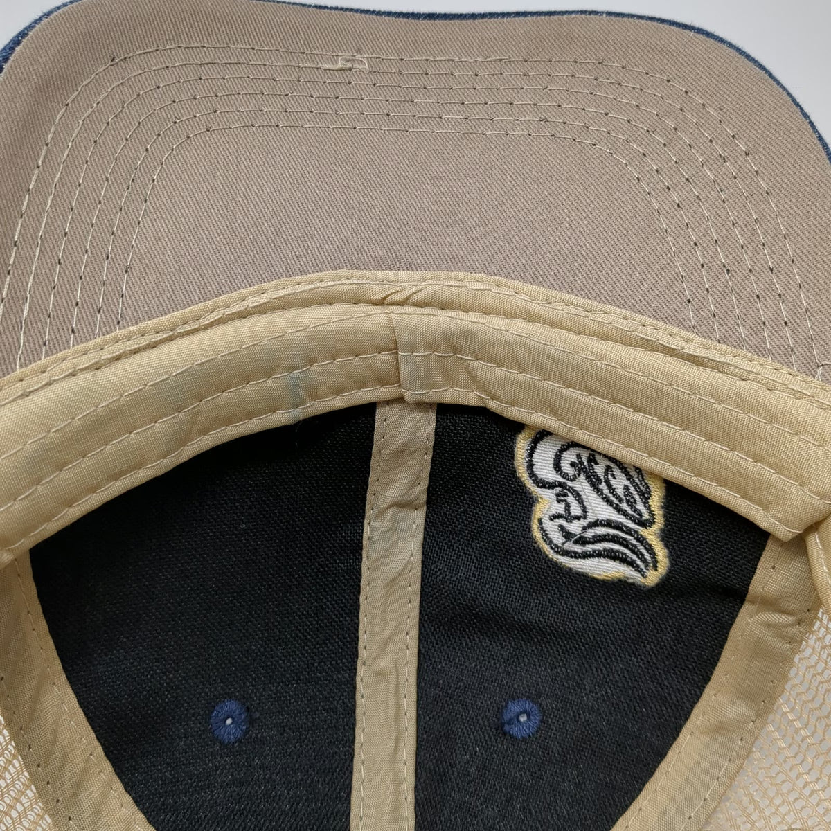 Baseball Cap Blue One Size Mesh Back Denim Embroidered Logo Strapback Hat Beige