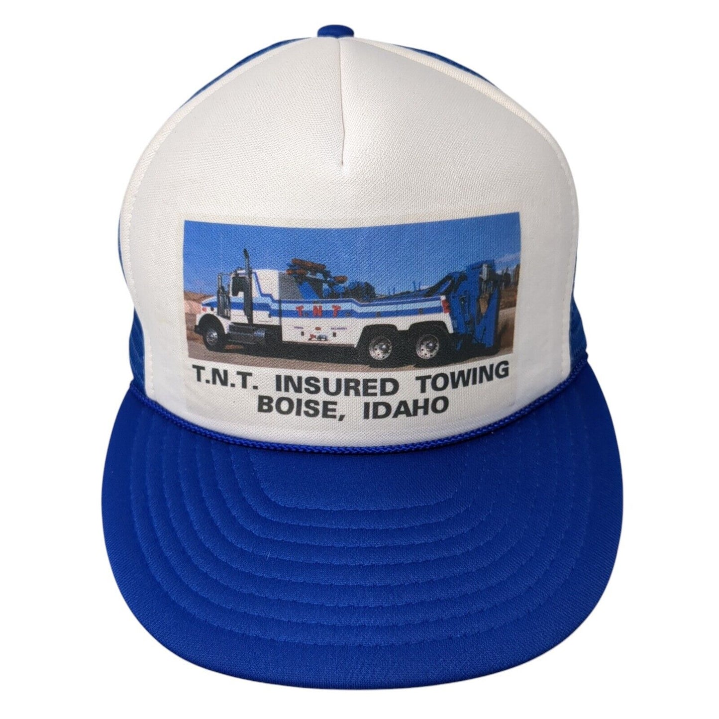 T.N.T. Insured Towing Boise Idaho Snapback Trucker Hat Blue OS Mesh Back Otto