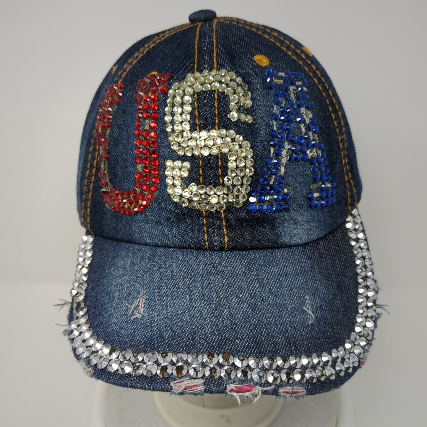 USA Slideback Baseball Cap Blue One Size Adjustable Rhinestone Distressed Denim